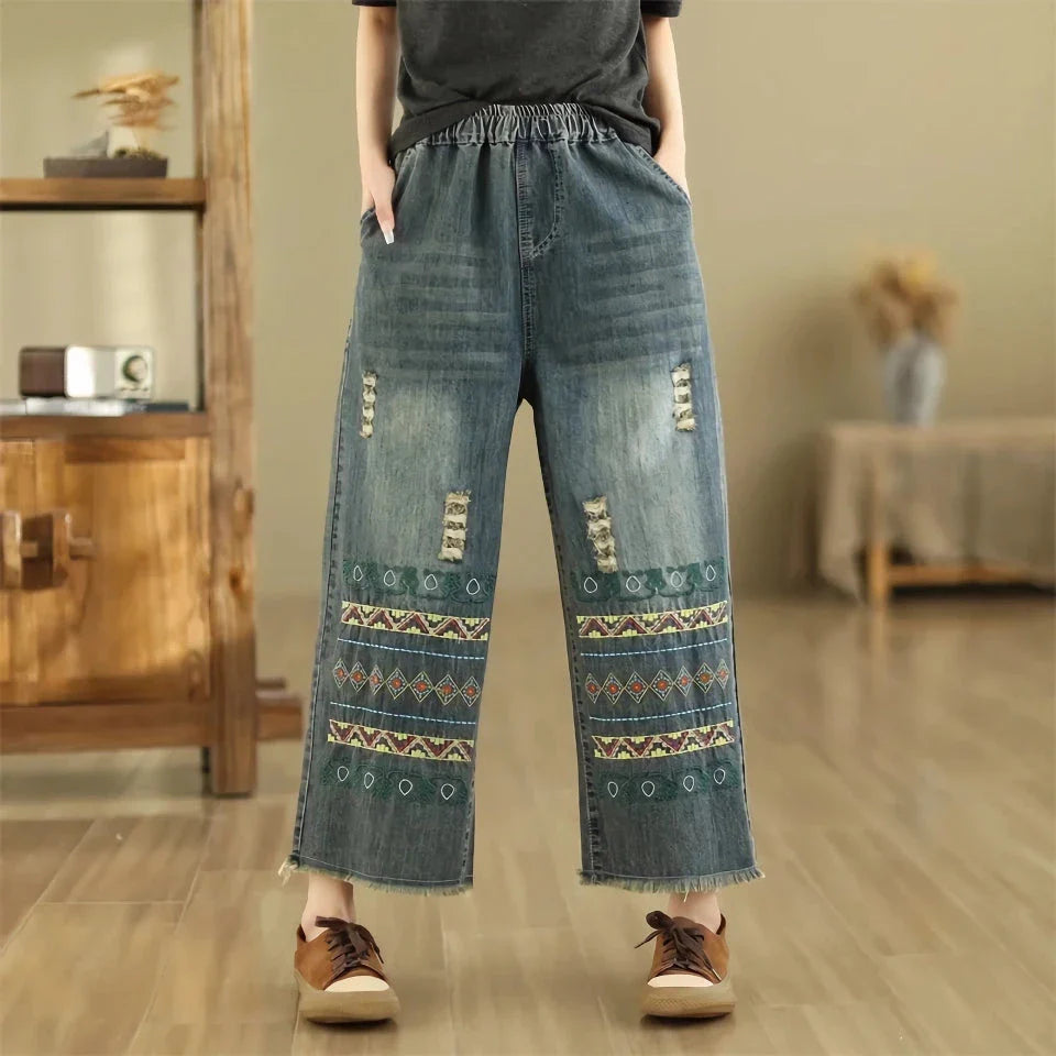 Boho Chic Wide-Leg Jeans with Intricate Vintage Embroidery and Distressed Finish