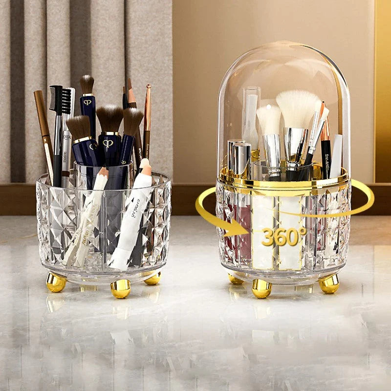 360-degree rotating makeup brush holder and organiser in transparent and green colours