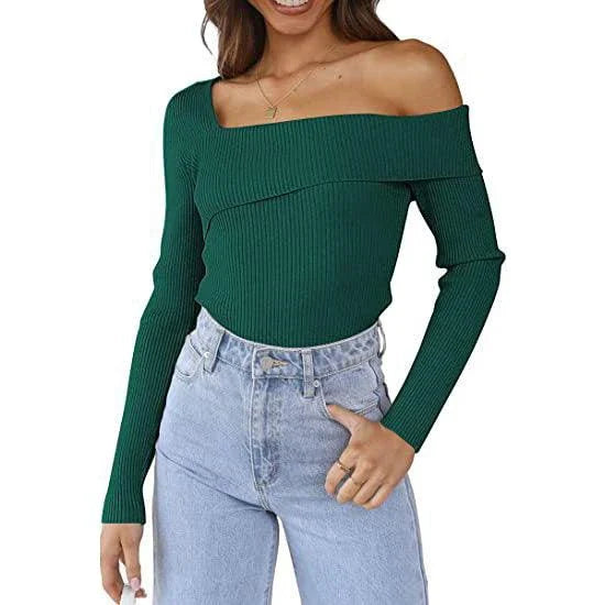 Elegant off-shoulder knitted sweater in various autumn colours, perfect for the British season