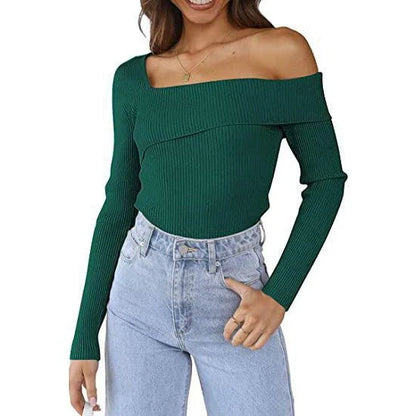 Elegant off-shoulder knitted sweater in various autumn colours, perfect for the British season