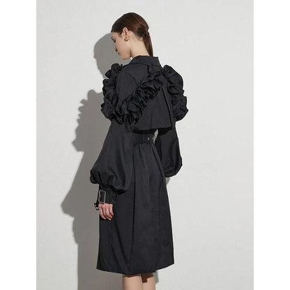 Elegant spliced ruffle trench coat for women in khaki colour, featuring premium cotton-polyester blend, stylish ruffles, and flattering wide-waisted fit