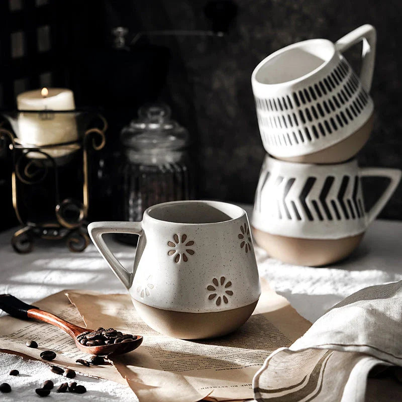 Unique hand-painted ceramic mug with retro Nordic design, featuring a large capacity and durable construction for everyday use