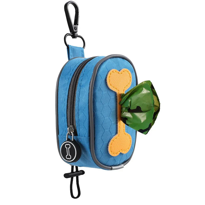 A heavy-duty, weatherproof dog poop bag dispenser made of Oxford fabric with a lavender-scented, leak-proof bag system.