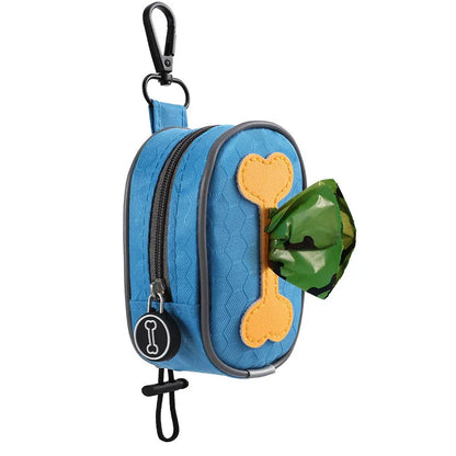 A heavy-duty, weatherproof dog poop bag dispenser made of Oxford fabric with a lavender-scented, leak-proof bag system.