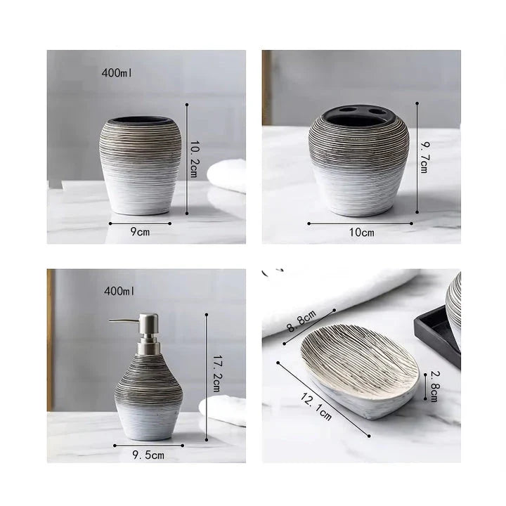 Elegant retro ceramic bathroom accessories set with toothbrush holder, soap dispenser, and mouthwash cup