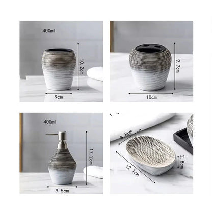 Elegant retro ceramic bathroom accessories set with toothbrush holder, soap dispenser, and mouthwash cup
