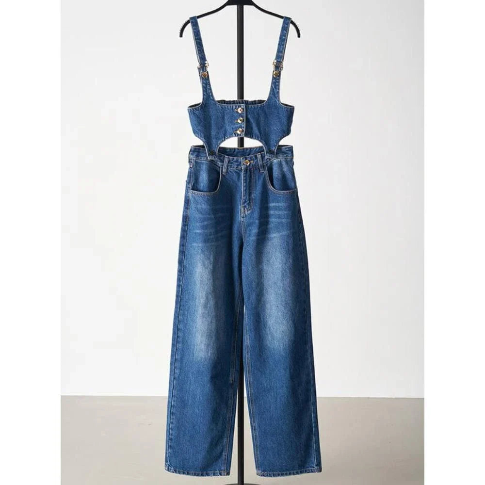 Chic denim two-piece set with sleeveless top and relaxed fit trousers in a stylish and comfortable design