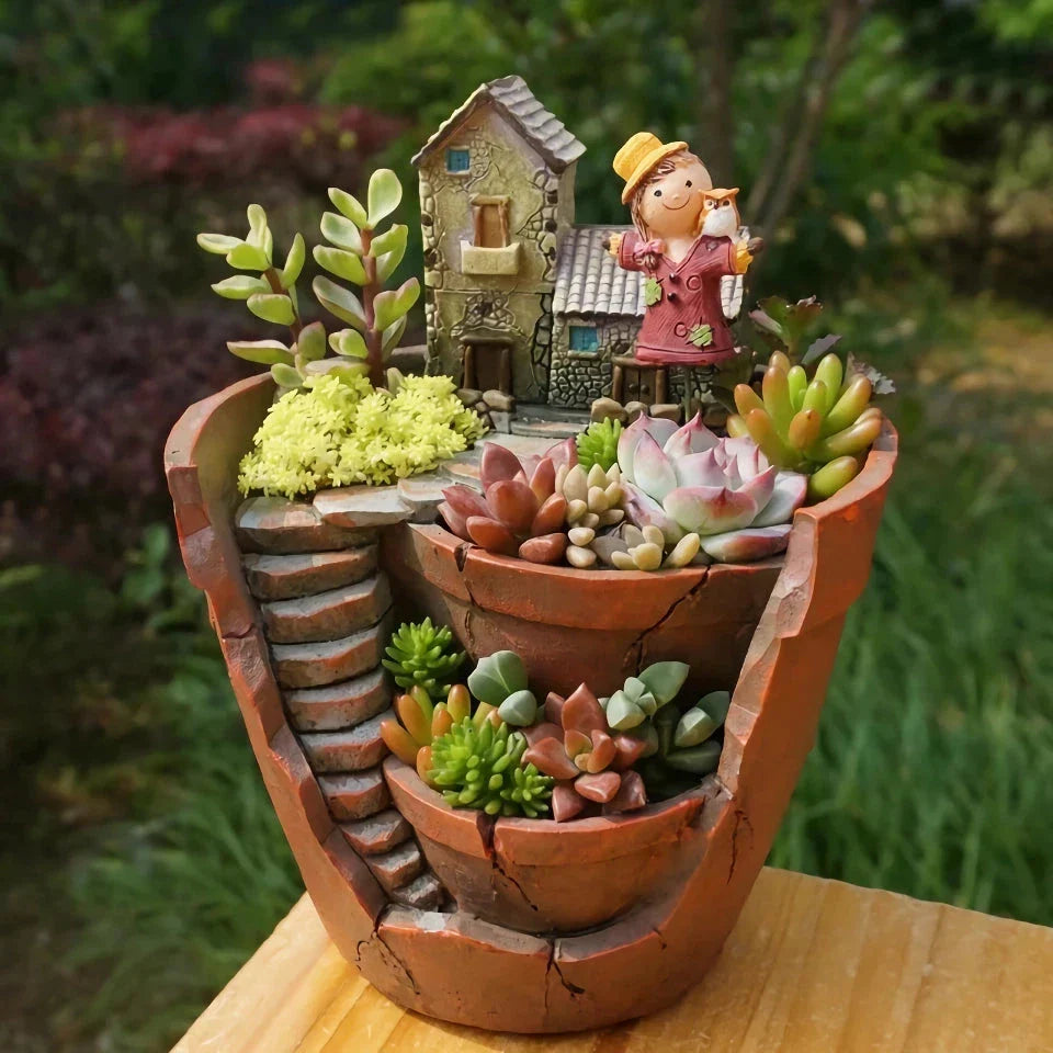 Charming farmhouse-style resin succulent planter with hand-carved pastoral design, adding rustic elegance to home or office decor