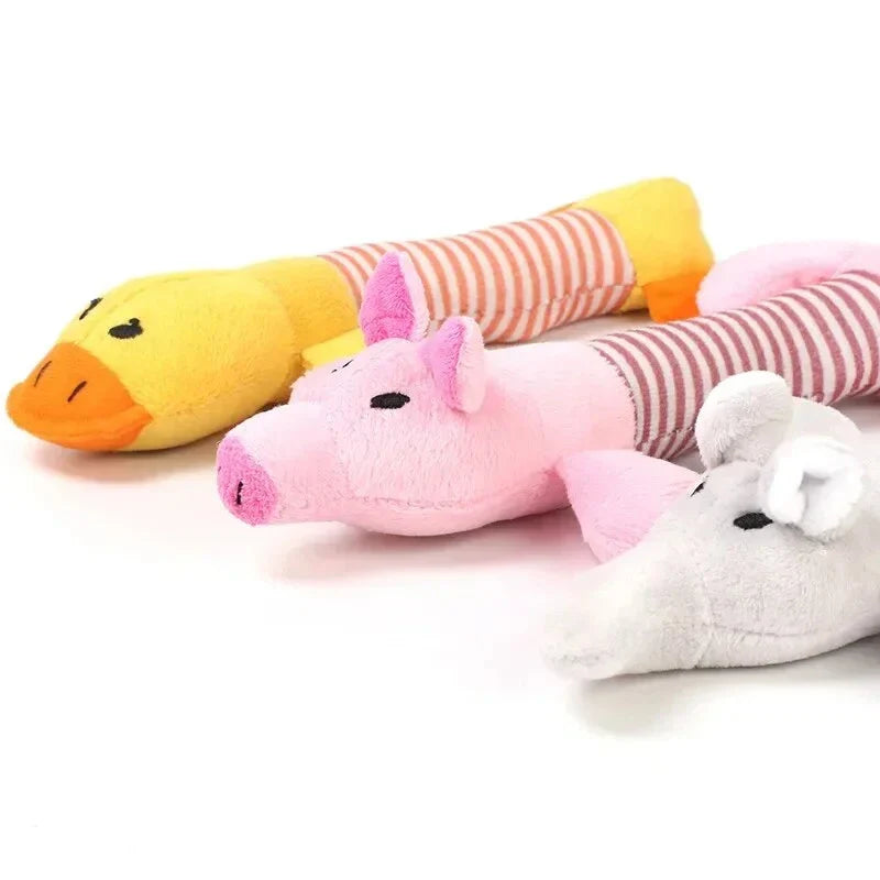 A vibrant, squeaky plush dog toy with textured stripes for dental cleaning during play