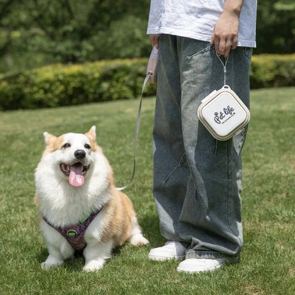 Portable double-decker foldable travel bowl for dogs and cats, featuring separate compartments for food and water, durable plastic construction, and a compact, collapsible design for easy transport.
