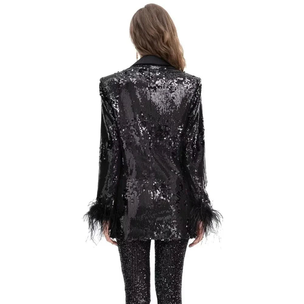 Elegant double-breasted blazer with feather and sequin embellishments, available in black and various sizes