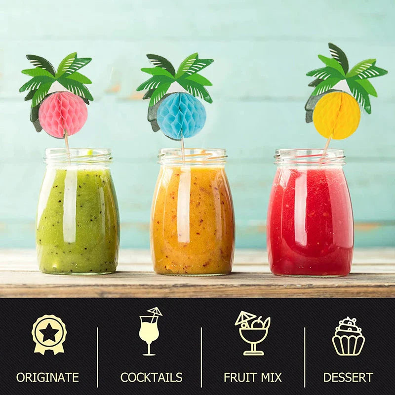 Hawaiian Luau Cocktail Picks with tropical coconut palm tree designs for vibrant party decor