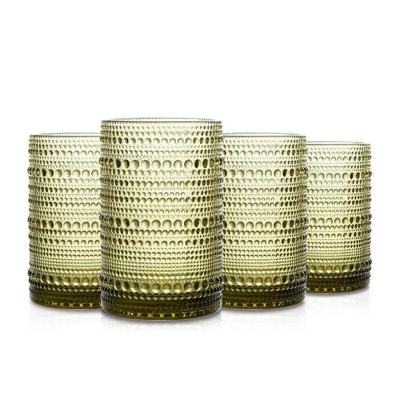 Set of 4 elegant retro-inspired drinking glasses with unique bead design and comfortable grip