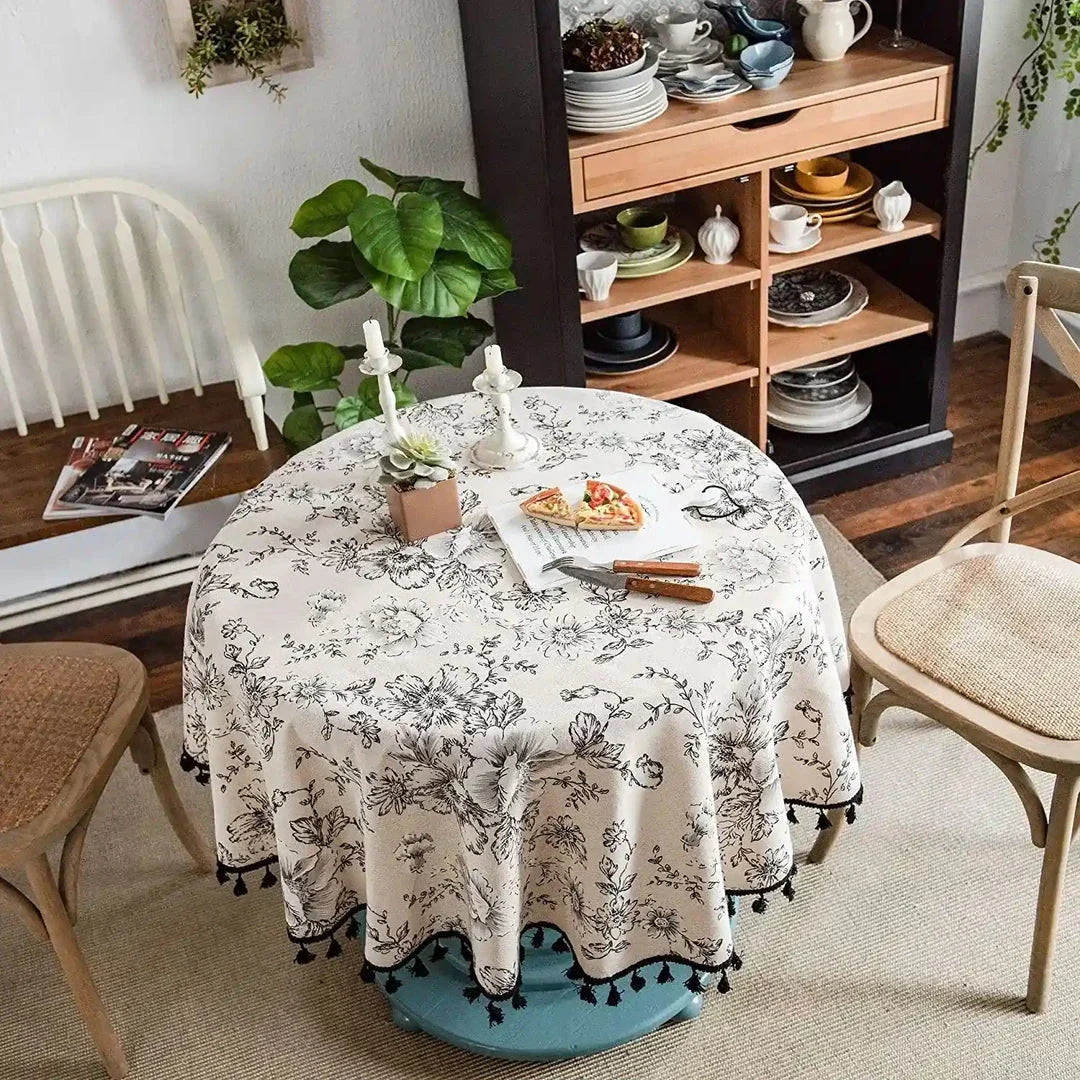 Elegant floral cotton linen round tablecloth with charming tassels, perfect for dining and home decor in the UK