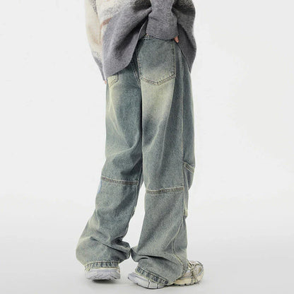 Men's overalls in retro blue denim with zipper fly and comfortable mid-waist design