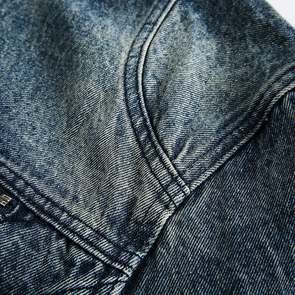 Retro-inspired men's denim jacket with intricate embroidered detailing, perfect for casual and smart-casual outfits