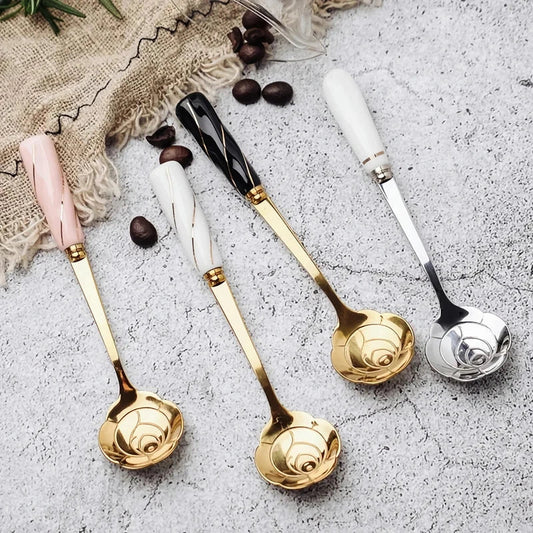 Elegant stainless steel flower teaspoon with ceramic handle in various colours and flower shapes