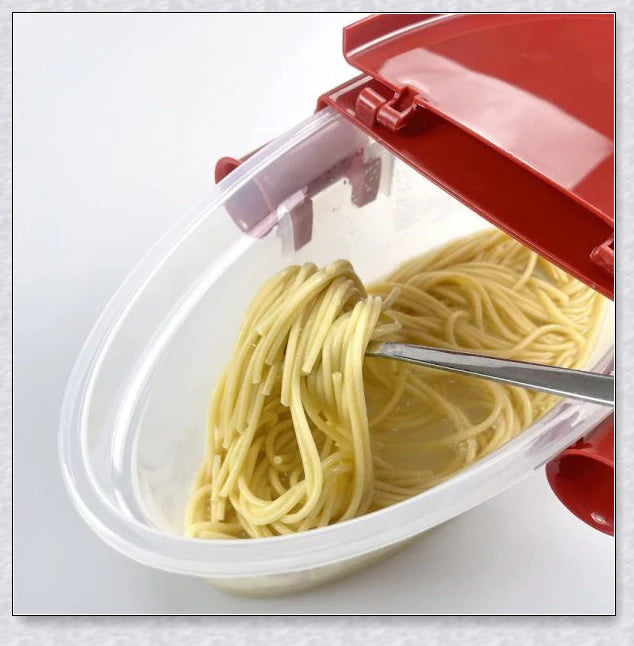 Versatile microwave pasta cooker with convenient handles and precise water-filling lines for quick and easy pasta preparation