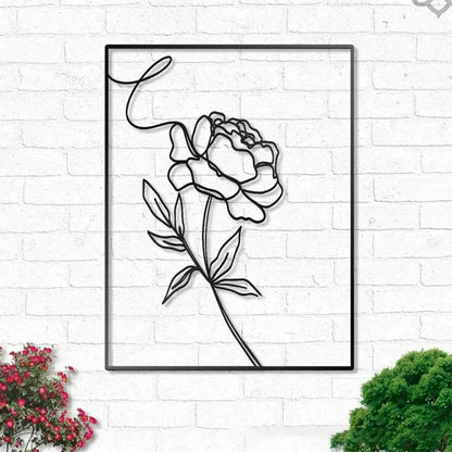 Abstract minimalist rose flower iron wall decor in black, featuring a sleek metal frame and elegant line painting