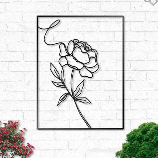 Abstract minimalist rose flower iron wall decor in black, featuring a sleek metal frame and elegant line painting