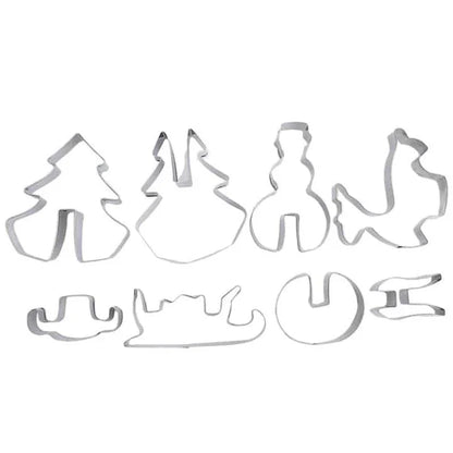 A set of festive, Christmas-themed stainless steel cookie cutters in various shapes including trees, snowflakes, and candy canes