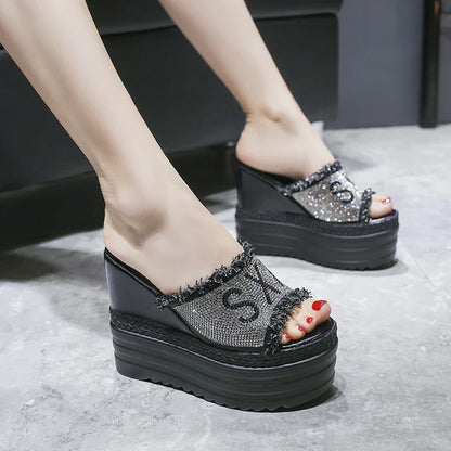 Rhinestone-embellished platform sandals with super high wedge heel and sponge cake sole