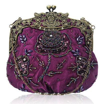 A black cosmetic bag with exquisite bead embroidery, featuring a silk surface and nylon fabric texture for a luxurious feel.