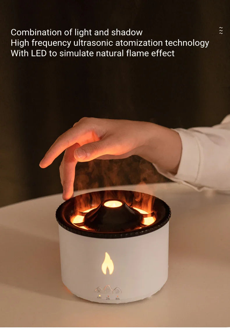 Elegant ultrasonic essential oil humidifier with flame and jellyfish-inspired lighting effects for relaxing ambiance