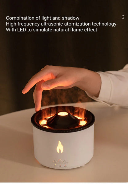 Elegant ultrasonic essential oil humidifier with flame and jellyfish-inspired lighting effects for relaxing ambiance