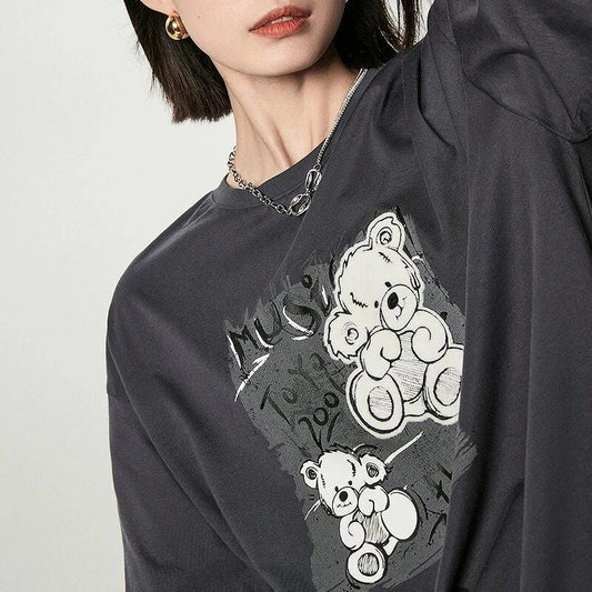 Cosy autumn-inspired long sleeve cotton top with charming bear print and embroidered details