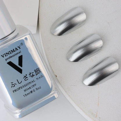 Metallic Mirror Silver Gel Nail Polish with a sleek, reflective shine for a professional, long-lasting manicure