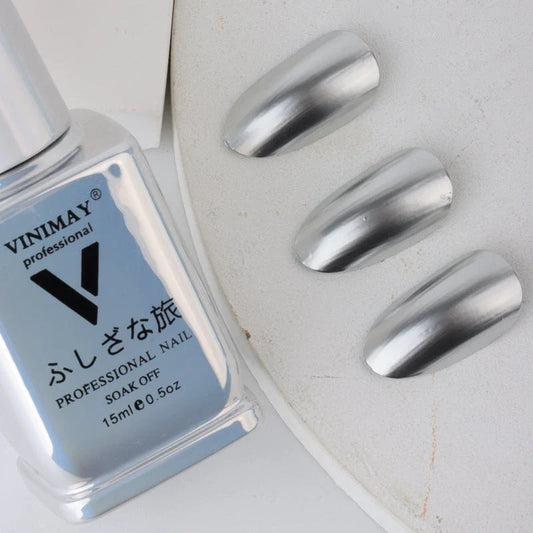 Metallic Mirror Silver Gel Nail Polish with a sleek, reflective shine for a professional, long-lasting manicure