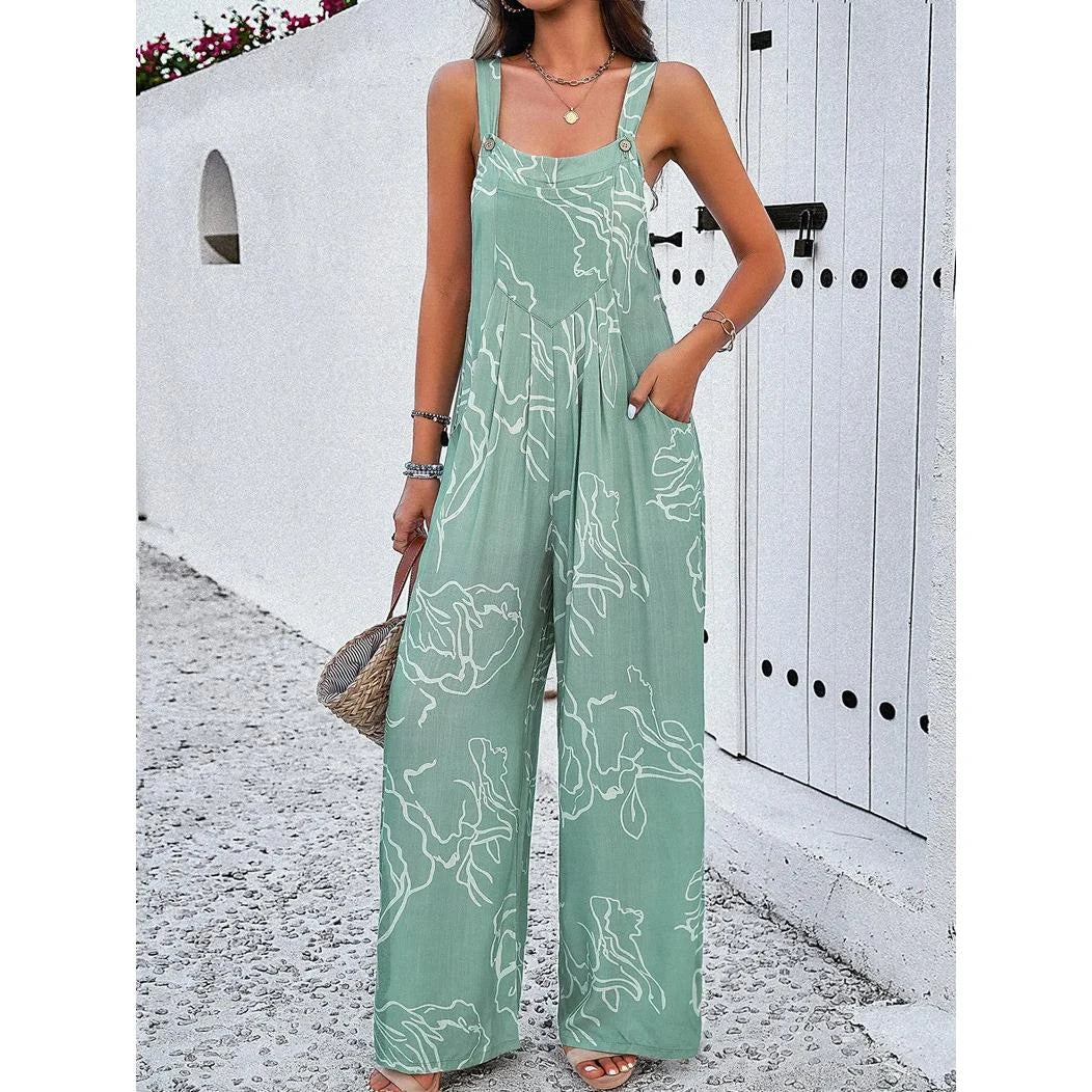 Elegant wide-leg jumpsuit with geometric print and suspenders, perfect for the fashion-conscious British woman