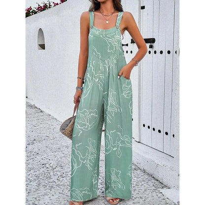 Elegant wide-leg jumpsuit with geometric print and suspenders, perfect for the fashion-conscious British woman