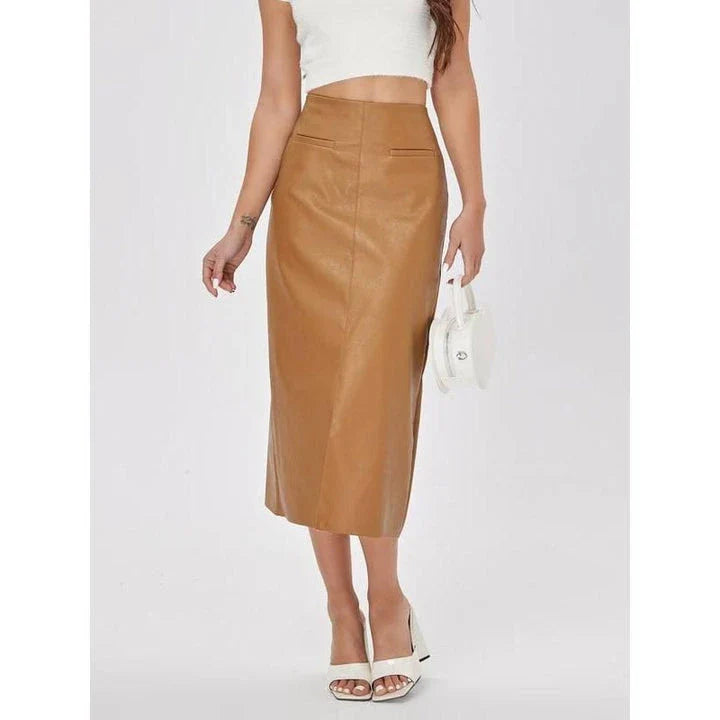 Elegant high-waist faux leather straight skirt with a sleek, flattering silhouette and mid-calf length for versatile wear