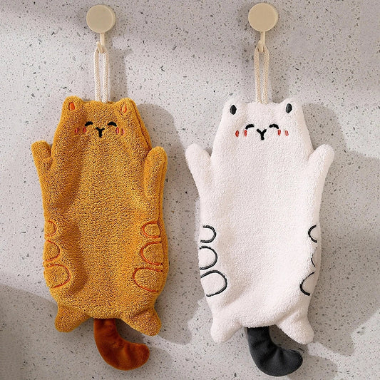 Delightful Kawaii Cat-Shaped Hand Towel in Orange Colour, Made of Soft and Absorbent Coral Velvet Material