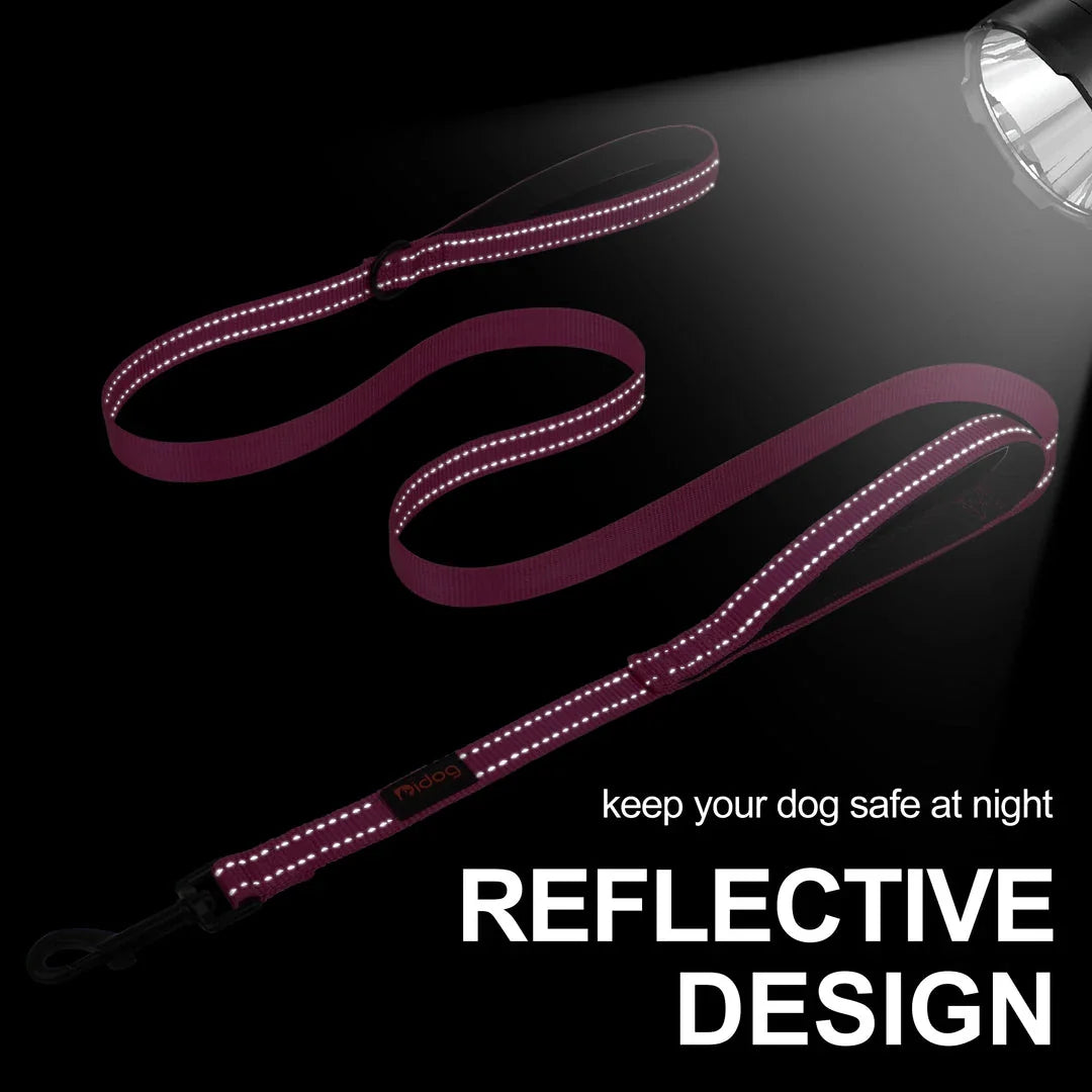 Durable 5ft reflective dog leash with padded dual handles for enhanced control and visibility during walks