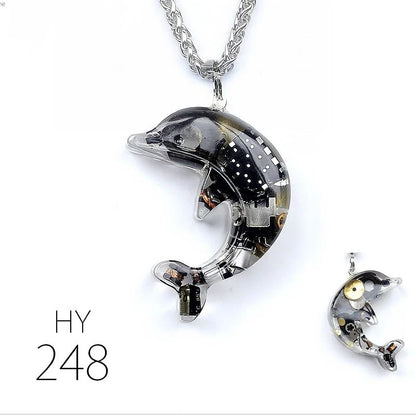 Steampunk-inspired dolphin pendant necklace with electronic components and brass accents