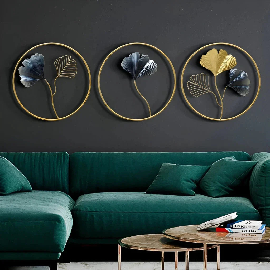 Exquisite modern metal wall hanging featuring an intricate ginkgo leaf design, perfect for elevating the style of any British home