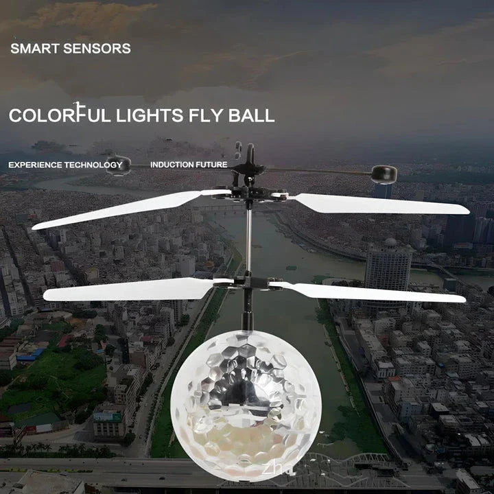 LED Magic Hover Ball in Neon colour, levitating and gliding through the air with vibrant LED lights