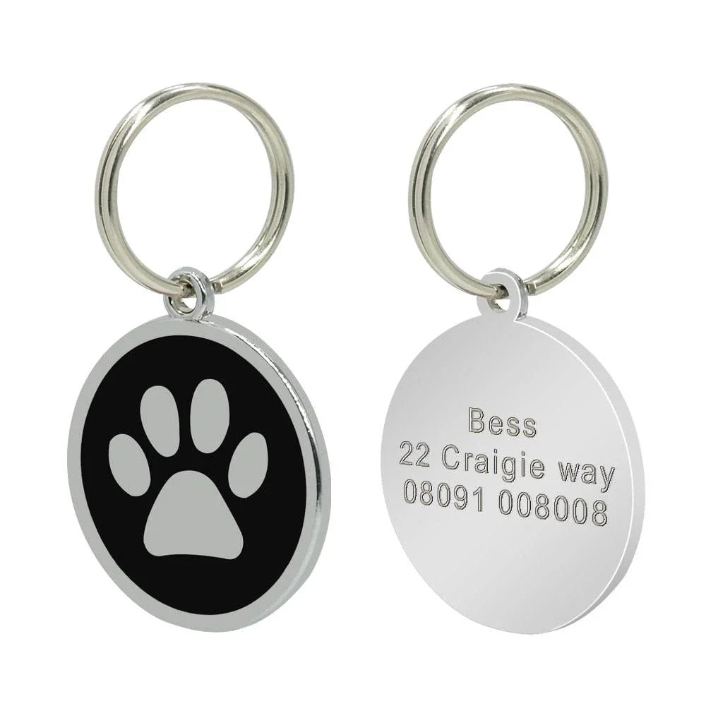 Customisable stainless steel pet ID tags in various colours, designed for identifying and protecting your beloved companion