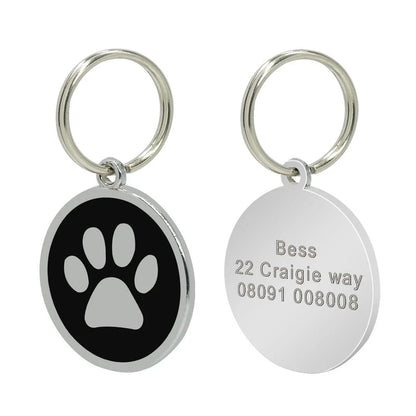 Customisable stainless steel pet ID tags in various colours, designed for identifying and protecting your beloved companion
