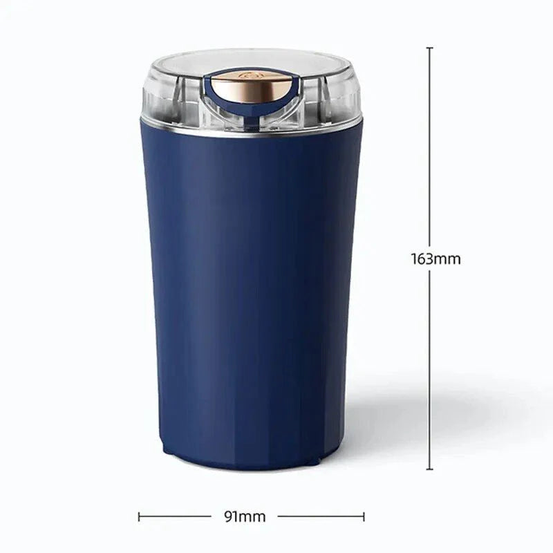 Compact electric coffee grinder with stainless steel blades for fast and even grinding of coffee beans, nuts, seeds, and spices
