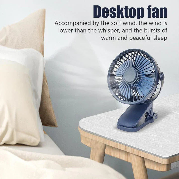 Portable Mini Hand Clip Fan with adjustable wind speed, 360° rotation, and USB rechargeable design for instant cooling relief