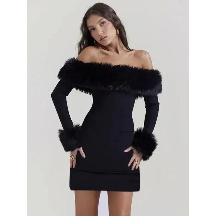 Elegant off-shoulder mini dress with fur trim, perfect for upscale autumn and winter parties