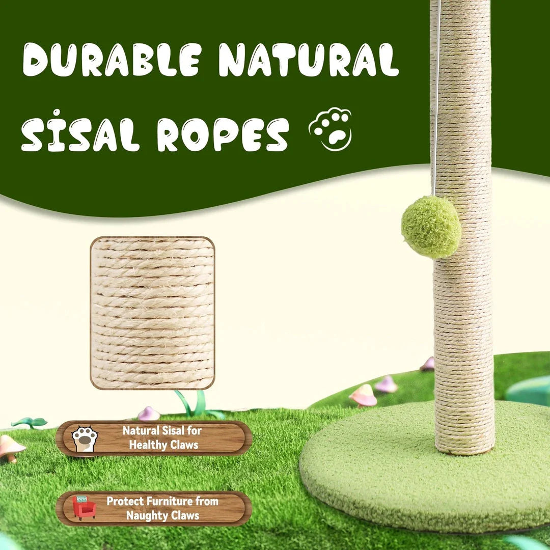 Adorable green leaves cat scratching post with tree-inspired design and interactive play features