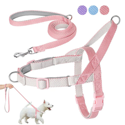 Adjustable no-pull dog harness and leash set made of durable, lightweight nylon in various colours for small, medium, and large breeds