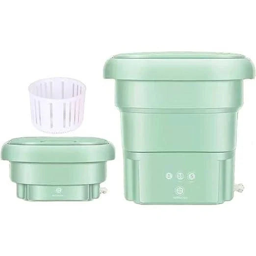 Compact and portable mini automatic washing machine with a sleek, space-saving design for small living spaces