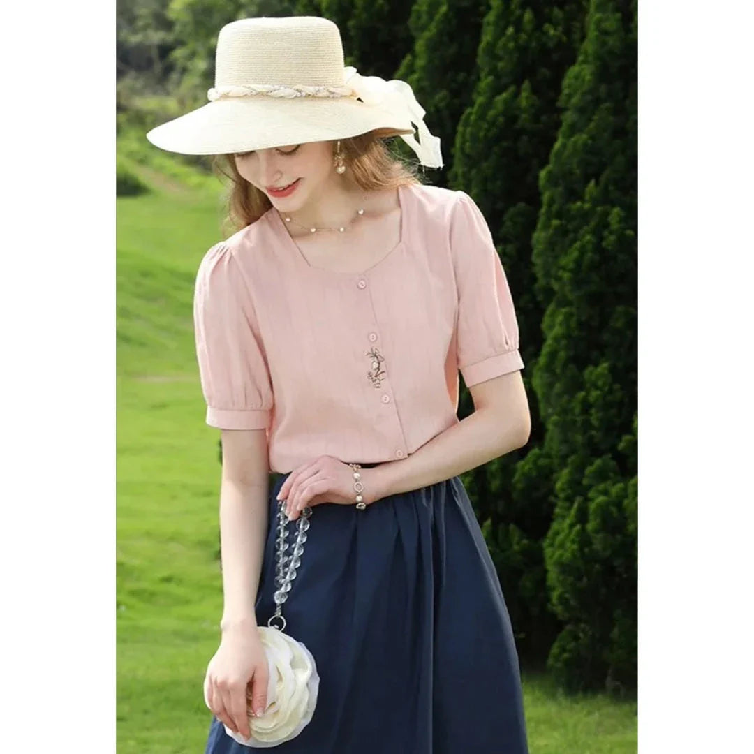 Elegant Embroidered Cotton Blouse in Autumn Colours, Featuring a Refined Square Neckline and Delicate Floral Embroidery