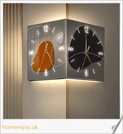 Elegant double-sided corner wall clock with acrylic construction and aluminium hands, providing a modern and minimalist aesthetic for British homes.